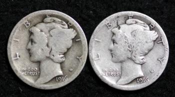 Image of 1916 MERCURY DIME / FULL SET OF 3 COINS P + S CIRCULATED GRADE GOOD / VERY GOOD