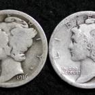 Image of 1916 MERCURY DIME / FULL SET OF 3 COINS P + S CIRCULATED GRADE GOOD / VERY GOOD