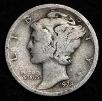 Image of 1928-D MERCURY DIME / CIRCULATED GRADE GOOD / VERY GOOD 90% SILVER COIN