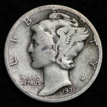 Image of 1936-S MERCURY DIME / CIRCULATED GRADE GOOD / VERY GOOD 90% SILVER COIN