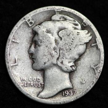 Image of 1937-P MERCURY DIME / CIRCULATED GRADE GOOD / VERY GOOD 90% SILVER COIN