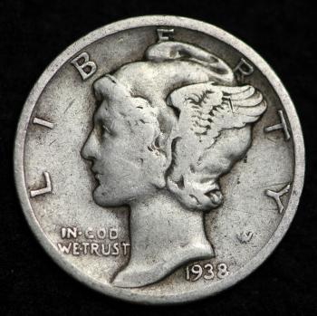 Image of 1938-D MERCURY DIME / CIRCULATED GRADE GOOD / VERY GOOD 90% SILVER COIN