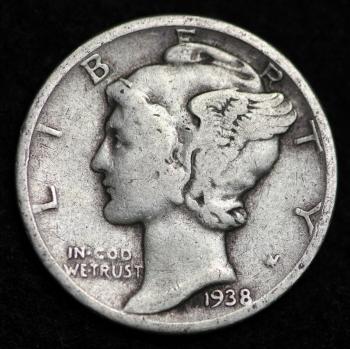 Image of 1938-P MERCURY DIME / CIRCULATED GRADE GOOD / VERY GOOD 90% SILVER COIN