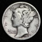 Image of 1938-P MERCURY DIME / CIRCULATED GRADE GOOD / VERY GOOD 90% SILVER COIN