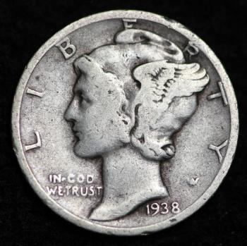 Image of 1938-S MERCURY DIME / CIRCULATED GRADE GOOD / VERY GOOD 90% SILVER COIN