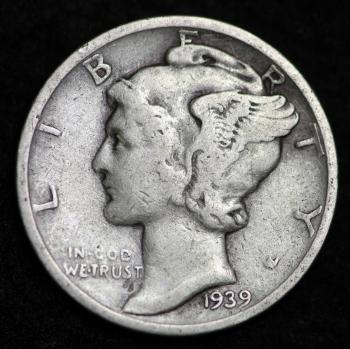 Image of 1939-D MERCURY DIME / CIRCULATED GRADE GOOD / VERY GOOD 90% SILVER COIN