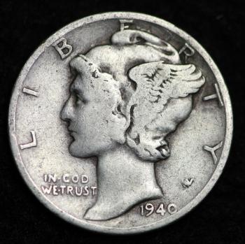 Image of 1940-D MERCURY DIME / CIRCULATED GRADE GOOD / VERY GOOD 90% SILVER COIN