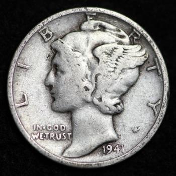 Image of 1941 MERCURY DIME / CIRCULATED GRADE GOOD / VERY GOOD 90% SILVER COIN