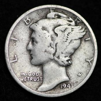 Image of 1941-S MERCURY DIME / CIRCULATED GRADE GOOD / VERY GOOD 90% SILVER COIN