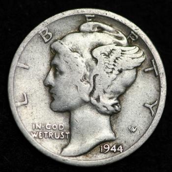 Image of 1944-D MERCURY DIME / CIRCULATED GRADE GOOD / VERY GOOD 90% SILVER COIN
