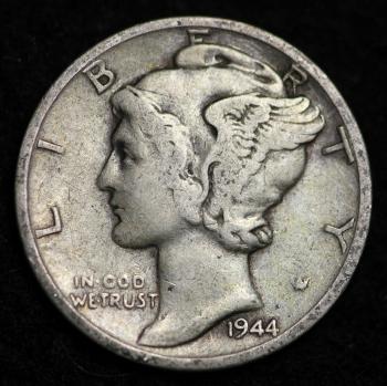 Image of 1944-S MERCURY DIME / CIRCULATED GRADE GOOD / VERY GOOD 90% SILVER COIN