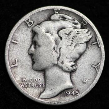 Image of 1945 MERCURY DIME / CIRCULATED GRADE GOOD / VERY GOOD 90% SILVER COIN