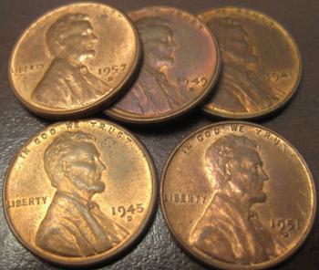 Image of LOT OF 5 DIFFERENT UNC RED/BN LINCOLN WHEAT CENTS