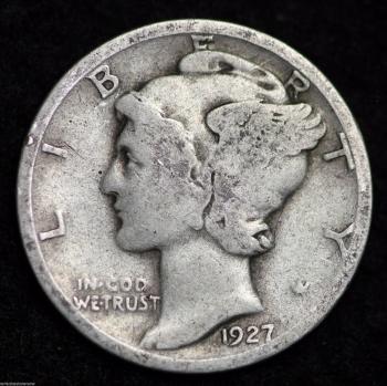 Image of 1927-P / MERCURY DIME / CIRCULATED GRADE GOOD / VERY GOOD 90% SILVER COIN