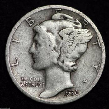 Image of 1936-D MERCURY DIME / CIRCULATED GRADE GOOD / VERY GOOD 90% SILVER COIN