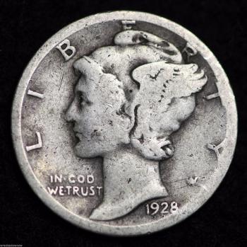 Image of 1928 - P / MERCURY DIME / CIRCULATED GRADE GOOD / VERY GOOD 90% SILVER COIN